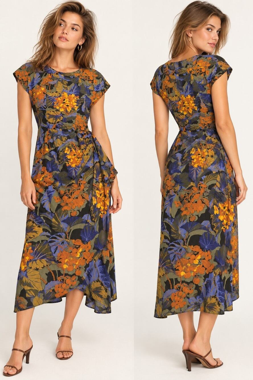 Vintage 90s Phoebe Floral Maxi Dress Draped Asymmetrical Boho Rayon Grunge